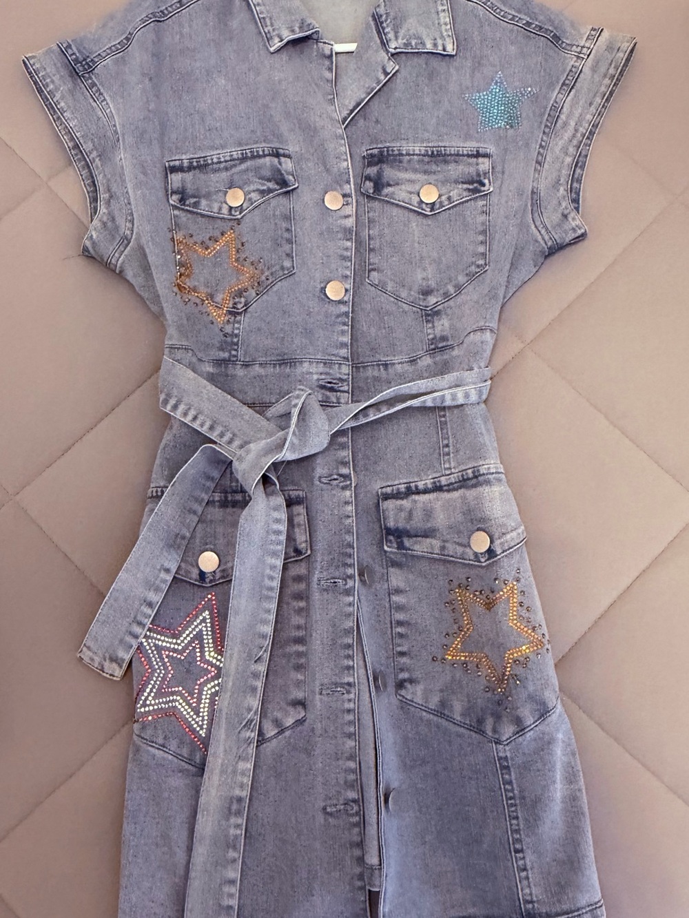 Peach Love California Light Blue Denim Star-Embellished Belted Dress